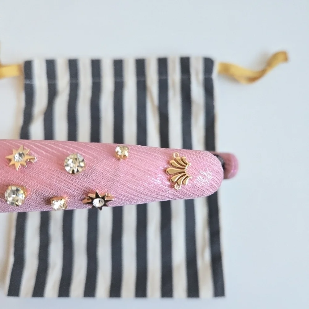 New Lele Sadoughi Zodiac Libra Alice Hand Embellished Rose Gold Lurex Headband